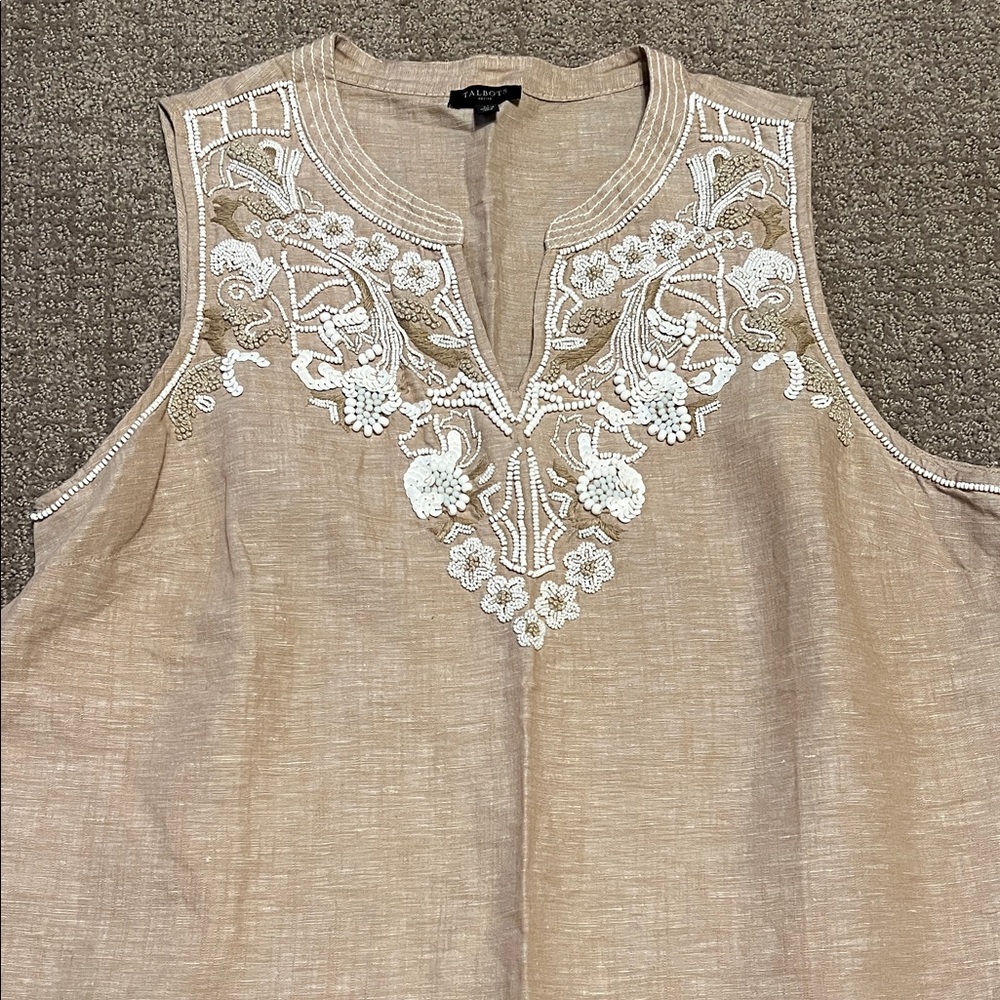 Talbots Tan Sleeveless Blouse with White Embroidery